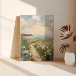 Coastal White Wildflower Painting, Summer Vintage Beach Farmhouse Digital Print, Moody Floral Landscape, Flower Field Spring Sea