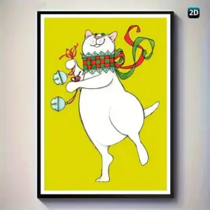 Dancing Cat with Bells Canvas Print – Christmas Cartoon Animal Art, Holiday Cat Portrait, Frameless  for Home Office Decor