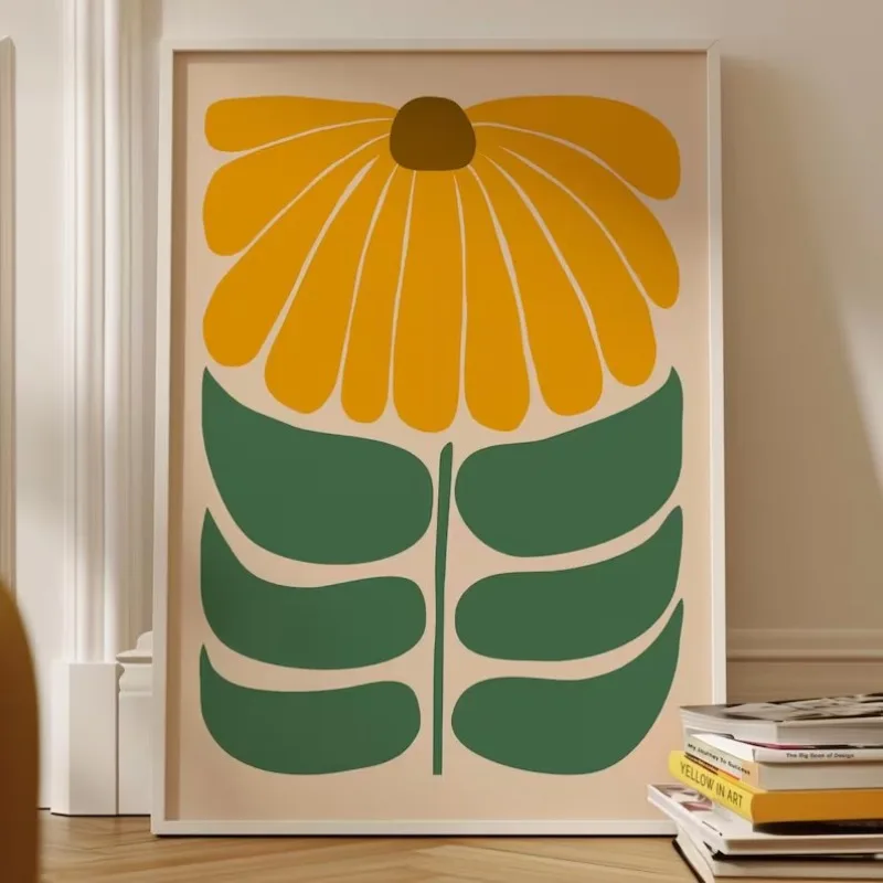 Retro Sunflower Art Print, Unframed, Neutral Boho Abstract Home Decor, Botanical Gallery Wall Art Print Canvas Poster