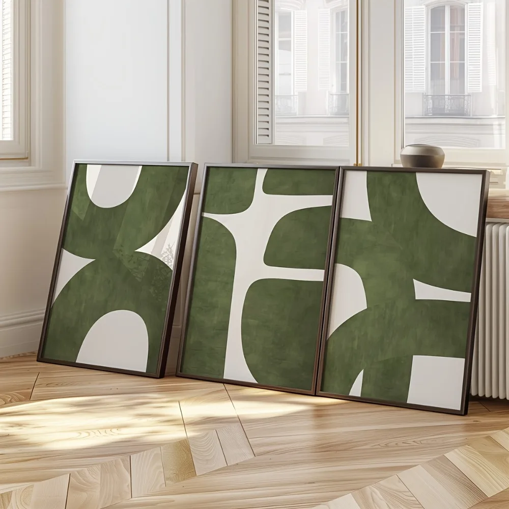 3pcs Frameless Mid-century Modern Minimalist Green Abstract Prints,Fashion Theme Canvas Posters Living Room,Bedroom Wall Decor
