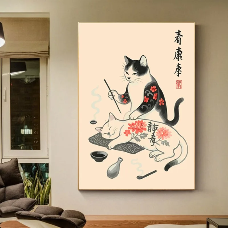 Japanese Minimalist Ink Painting Poster Cat Frog Black Cat Funny Japanese Text Canvas Art Print Living Room Home Decor Wall Art - Image 4