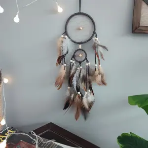1 Pc Indian Dream Catcher with Brown Feathers - Wall Hanging Dream Catcher Bedroom Accessories - Wind Chime Dream Catcher