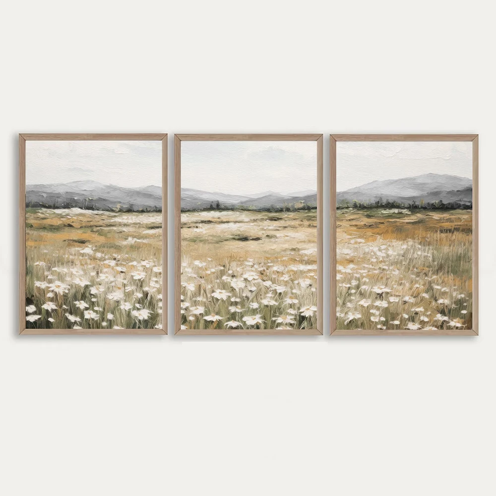 3pcs Neutral Wildflower Field Muted Country Vintage Wall Art Landscape Painting Poster Spring Living Room Bedroom Home Decor