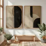 2 Frameless Retro Geometric Abstract Japanese Wall Art Posters Canvas Printing Black Beige Simple Living Room Modern Home Decor
