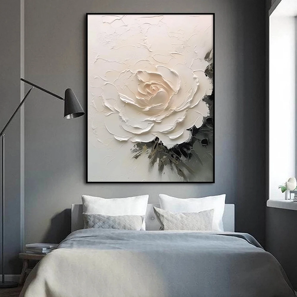 3D Textured Effect Painting, Large Abstract White Flower Poster, Minimalist Wall Art Canvas Print, Living Room Home Decor Cuadro - Image 2