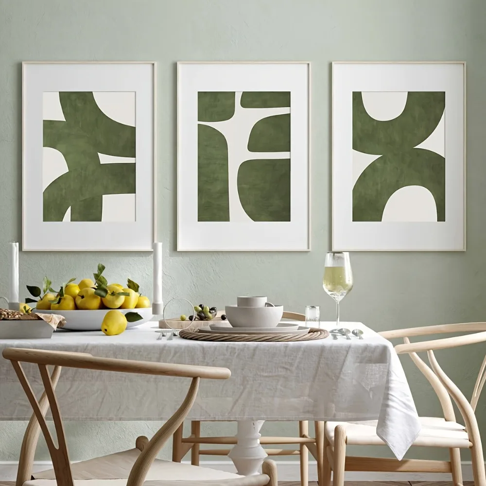3pcs Frameless Mid-century Modern Minimalist Green Abstract Prints,Fashion Theme Canvas Posters Living Room,Bedroom Wall Decor - Image 4