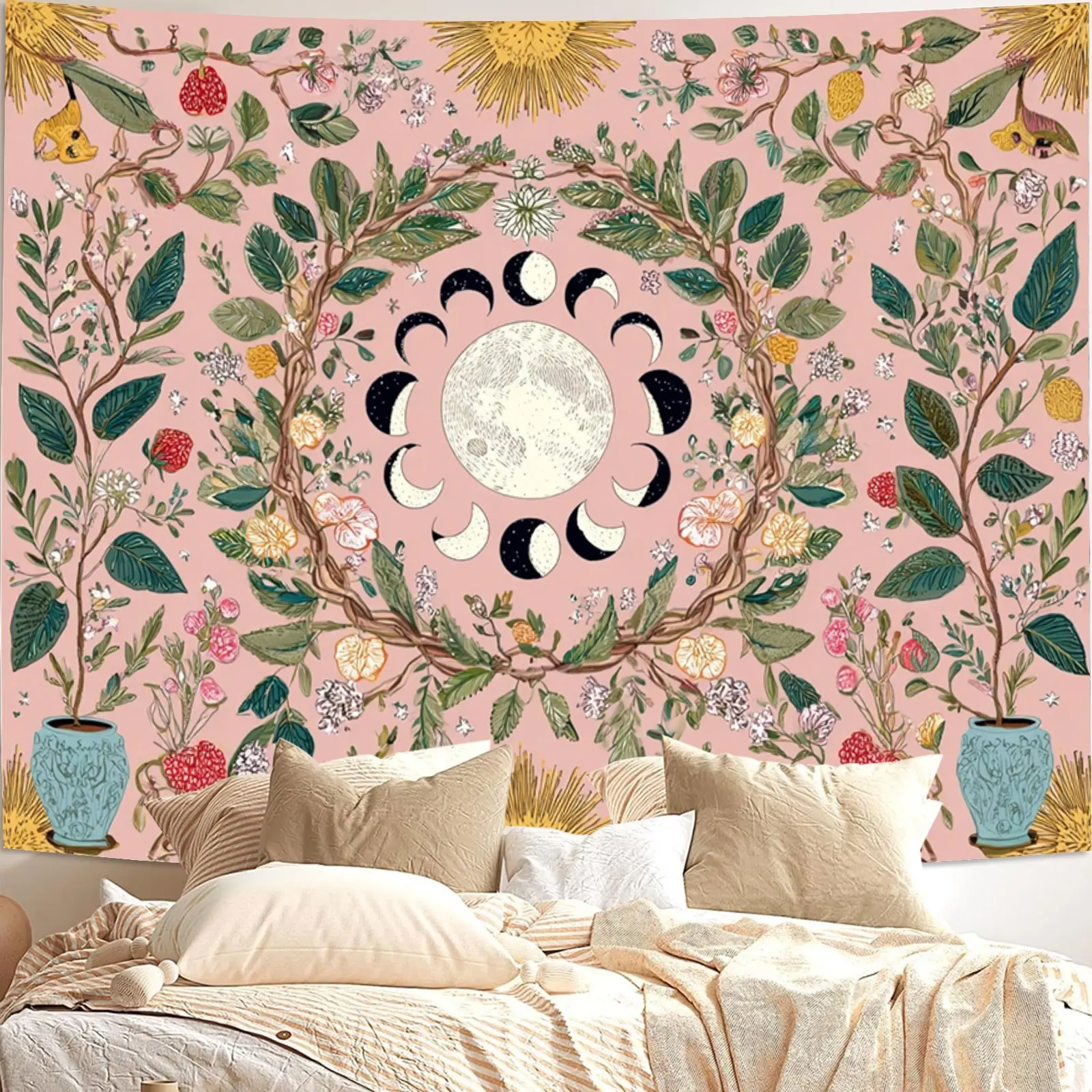 A Vintage Bohemian Tapestry Featuring The Sun And Moon, Adorned with Floral Vines And Lunar Phases, Made of Polyester Material, - Image 5