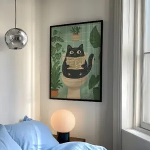 A Funny Bathroom Cat Mural, Paired With Plants And Flowers, Is Perfect For Decorating The Walls Of Living Rooms And Bedrooms