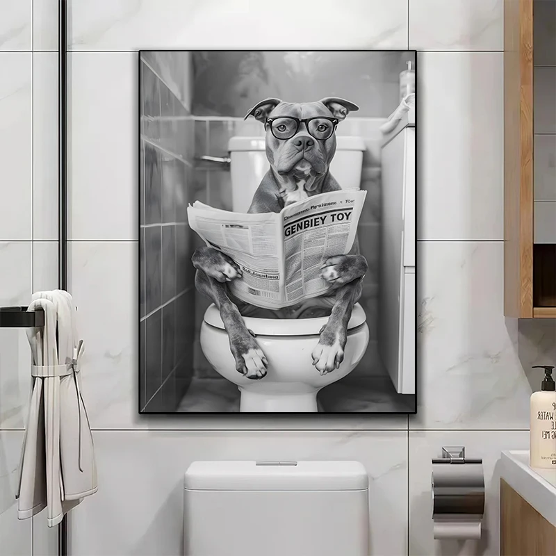 Black and White French Bulldog Sitting on Toilet Poster Corgi in Bathtub Canvas Painting Wall Art Print Picture Bathroom Decor - Image 3