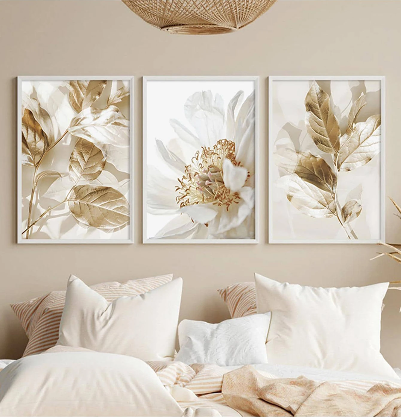 3PCS Frameless Nordic White Floral Golden Leaves Poster Wall Art Canvas Painting Prints Pictures Living Room Interior Home Decor - Image 2