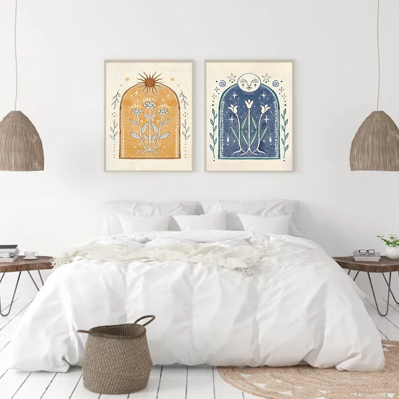 Moon Sun Poster Fine Art Print Bohemian Home Gallery Wall Rustic Hanging Floral Yellow Hippie Decor Handmade - Image 3