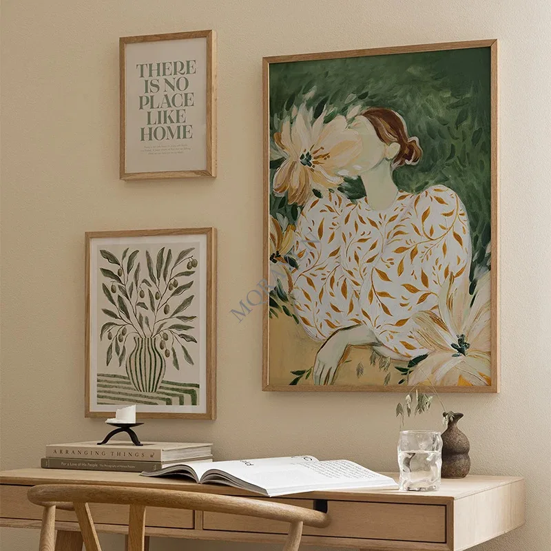 Boho Abstract Green Striped Girl Leaf Flower Poster Print Vintage Canvas Painting Hotel Bar Wall Art Pictures Living Room Decor - Image 3