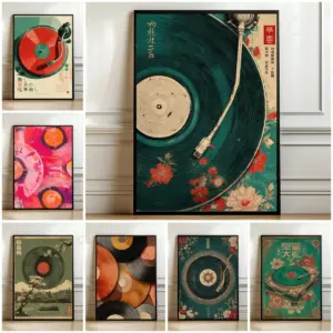 Japanese Turntable Wall Art Gift, Floral Vinyl Record Poster, Retro DJ Music Decor, Teal Green Vintage Audiophile Print Poster