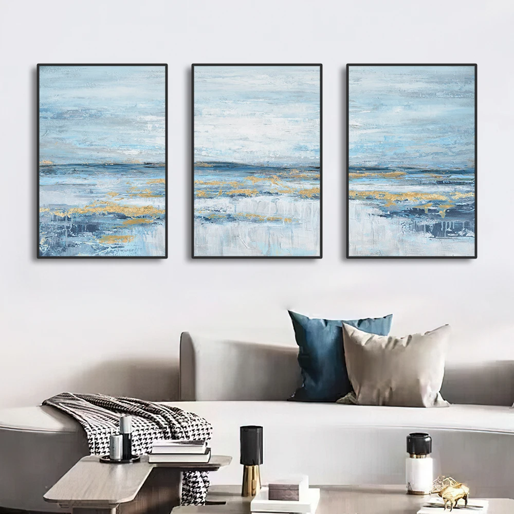 3 Panels Nordic Abstract Ocean Canvas Painting Coastal Theme Artwork Blue Gold Sunset & Sunrise Wall Art Posters for Living Room - Image 2