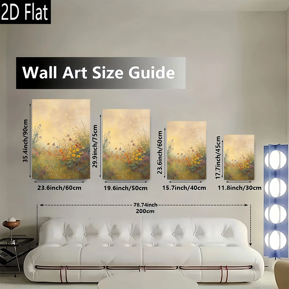 2D Flat, 1pc Wildflower Field Sunset Landscape Art Print - Frameless Vertical Canvas Wall Painting, Modern Retro Beige & Golden - Image 2