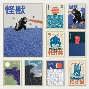 Japanese Contemporary Tokyo Art Canvas Poster Sunrise Wave Mount Fuji Monster Wall Art Prints for Modern Living Room Home Decor