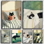Cat Reading Print – Black Cat Wall Art Decor Cosy Bedroom Poster Book Lover Cat Illustration Cat in Bed Print Reading Decor Gift