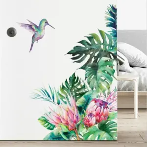 Tropical Leaf and Flower Wall Murals, Removable Birds Decorative Stickers for Bedroom Living Room Home Wall Art Decoration