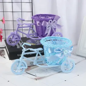 Rattan Flower Basket Vase Tricycle Bicycle Model Home Garden Wedding Party Decor Romantic Lovely Decor Figurines Miniatures