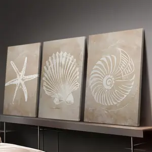 3pcs Modern Geometric Conch and Starfish Wall Decor, Frameless Seaside Charm Canvas Art for Living Room and Bedroom Decor Gifts