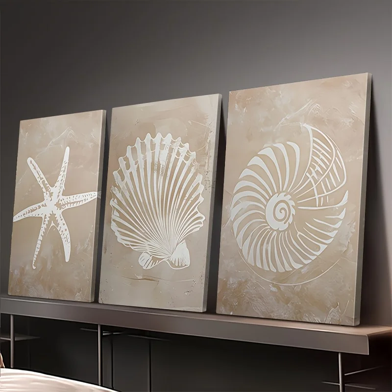 3pcs Modern Geometric Conch and Starfish Wall Decor, Frameless Seaside Charm Canvas Art for Living Room and Bedroom Decor Gifts