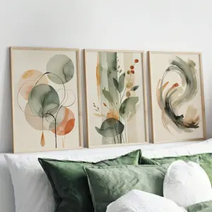 3pcs/set Beige and Sage Plant Canvas Printing Abstract Watercolor Geometric Wall Art Poster for Modern Spring Home Decor Gifts