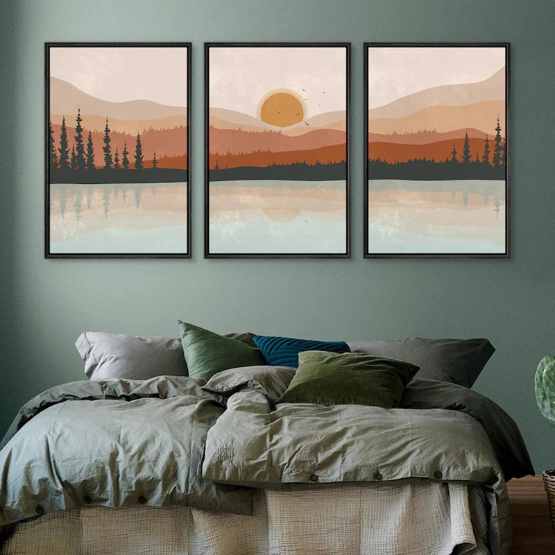 Wall Art Set of 3 Poster Sunset Forest Landscape Painting Abstract Illustrations Modern Art Minimalist Living Room Wall Decor - Image 6