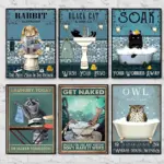 Nordic Poster Cat Mermaid Pug Raccoon Panda Giraffe Bathtub Print Canvas Painting  Wall Art Pictures for Kids Room Toilet Decor