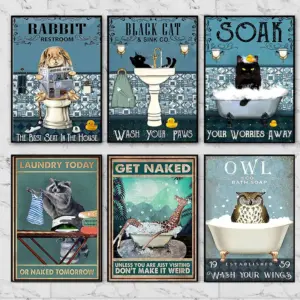 Nordic Poster Cat Mermaid Pug Raccoon Panda Giraffe Bathtub Print Canvas Painting  Wall Art Pictures for Kids Room Toilet Decor