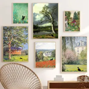Interesting Impressionist Cute Cat and Landscape Art Posters Oil Painting Canvas Printing Living Room Bedroom Home Decoration