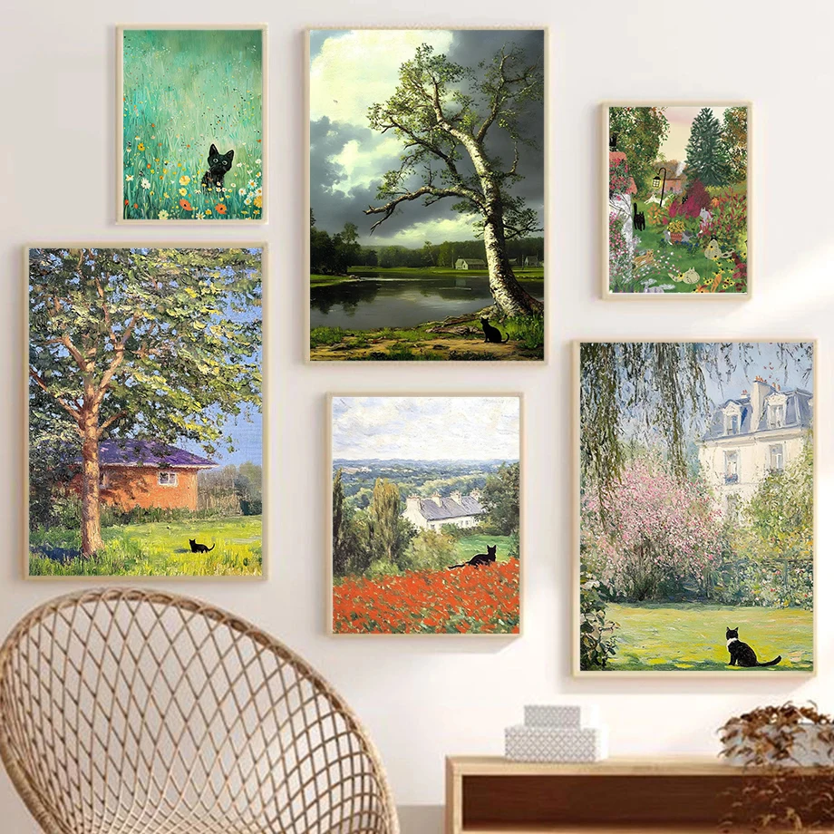 Interesting Impressionist Cute Cat and Landscape Art Posters Oil Painting Canvas Printing Living Room Bedroom Home Decoration