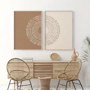 2pcs/set Bohemian Abstract Geometric Canvas Painting Mid-century Sun Moon Beige Earth Tone Wall Art Poster for Modern Home Decor