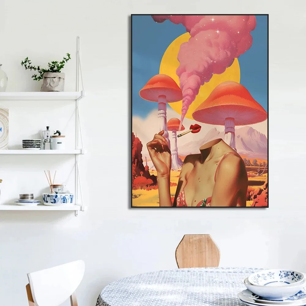 Retro Woman Smoke Surreal Mushroom Psychedelic Poster Wall Art Vintage Canvas Painting Print Pictures Living Room Home Decor - Image 2