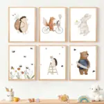 Minimalist Cartoon Animal Poster Bohemian Rabbit Hedgehog Bear Fox Flower Canvas Painting Home Bedroom Nursery Kids Room Decor