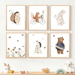 Minimalist Cartoon Animal Poster Bohemian Rabbit Hedgehog Bear Fox Flower Canvas Painting Home Bedroom Nursery Kids Room Decor