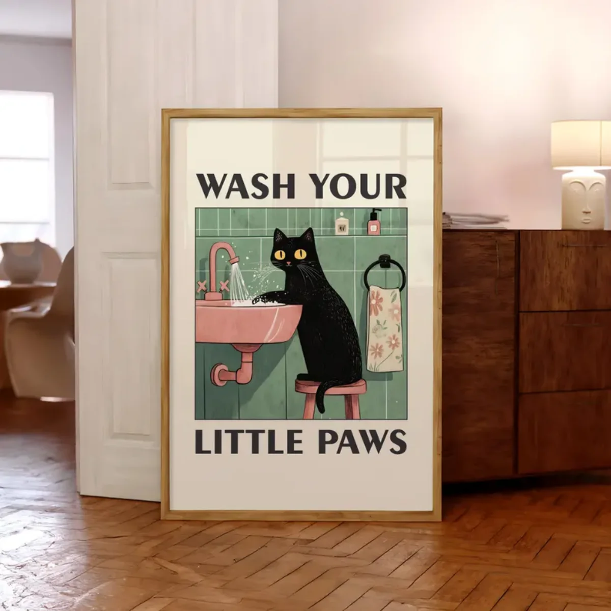 "Wash Your Paws" Cat Illustration Canvas Prints Poster Modern Funny Animal Art Prints Wash Room Bathroom Home Decor Art Poster - Image 4