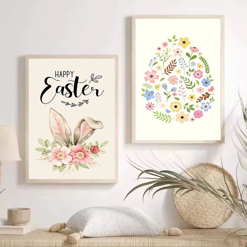 Minimalist Easter Spring Bunny and Flower Holiday Eggs Cartoon Nordic Poster Canvas Painting Wall Art Pictures Home Decor Gift - Image 3