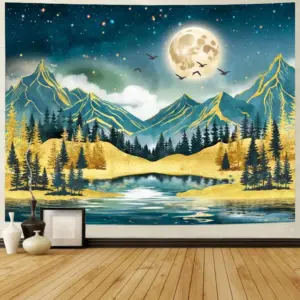 Watercolor Mountain Tapestry Starry Moon Night Tapestries Forest Trees Wall Tapestry Aesthetic Nature Landscape Wall Hanging