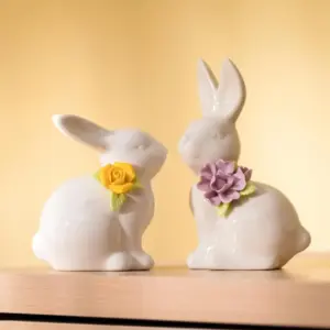 Easter Ceramic Rabbit Figurine Mini Flower Bunny Statue Spring Easter Holiday Party Ceramic Rabbit Ornament Home Decoration