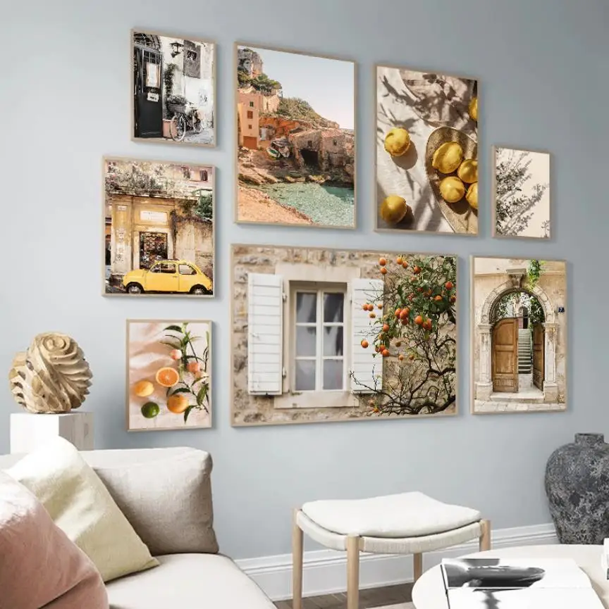 Nordic Europe Town Casual Landscape Canvas Picture House Beach Courtyard Sunlight Car Poster Lemon Bohemian Living Room Painting - Image 4