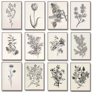 Apple Garlic Daisy Blossom Olive Branch Sketch Poster Print Vintage Botanical Drawing Canvas Painting for  Kitchen Room Decor