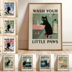 "Wash Your Paws" Cat Illustration Canvas Prints Poster Modern Funny Animal Art Prints Wash Room Bathroom Home Decor Art Poster