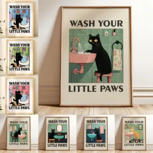 "Wash Your Paws" Cat Illustration Canvas Prints Poster Modern Funny Animal Art Prints Wash Room Bathroom Home Decor Art Poster