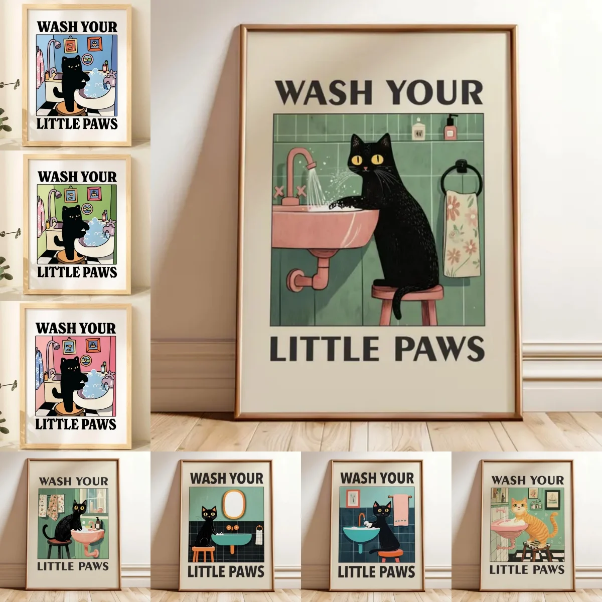 "Wash Your Paws" Cat Illustration Canvas Prints Poster Modern Funny Animal Art Prints Wash Room Bathroom Home Decor Art Poster