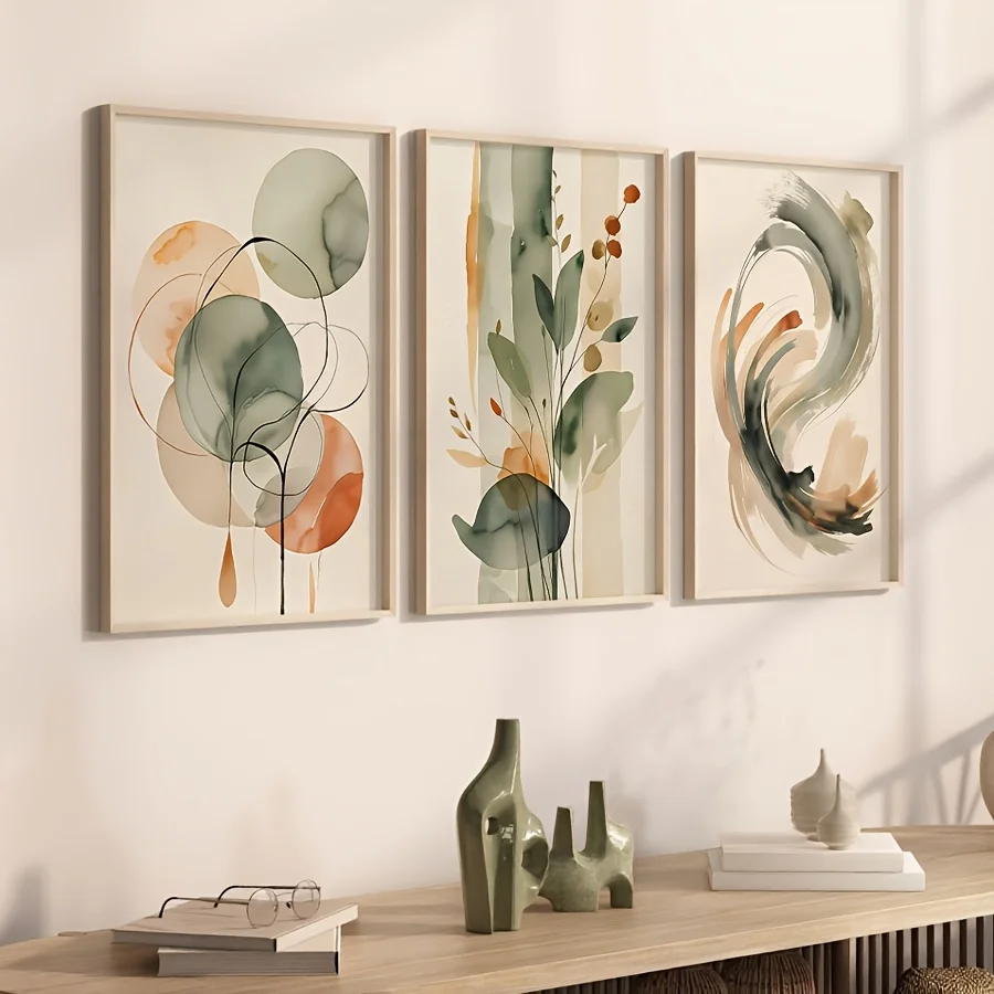 3pcs/set Beige and Sage Plant Canvas Printing Abstract Watercolor Geometric Wall Art Poster for Modern Spring Home Decor Gifts - Image 3