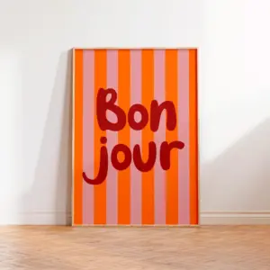1 Piece of Frameless Canvas Poster,Hello,Bonjour,Bold Multicolor Striped Art Poster Canvas Decor Painting,Living Room Wall Decor