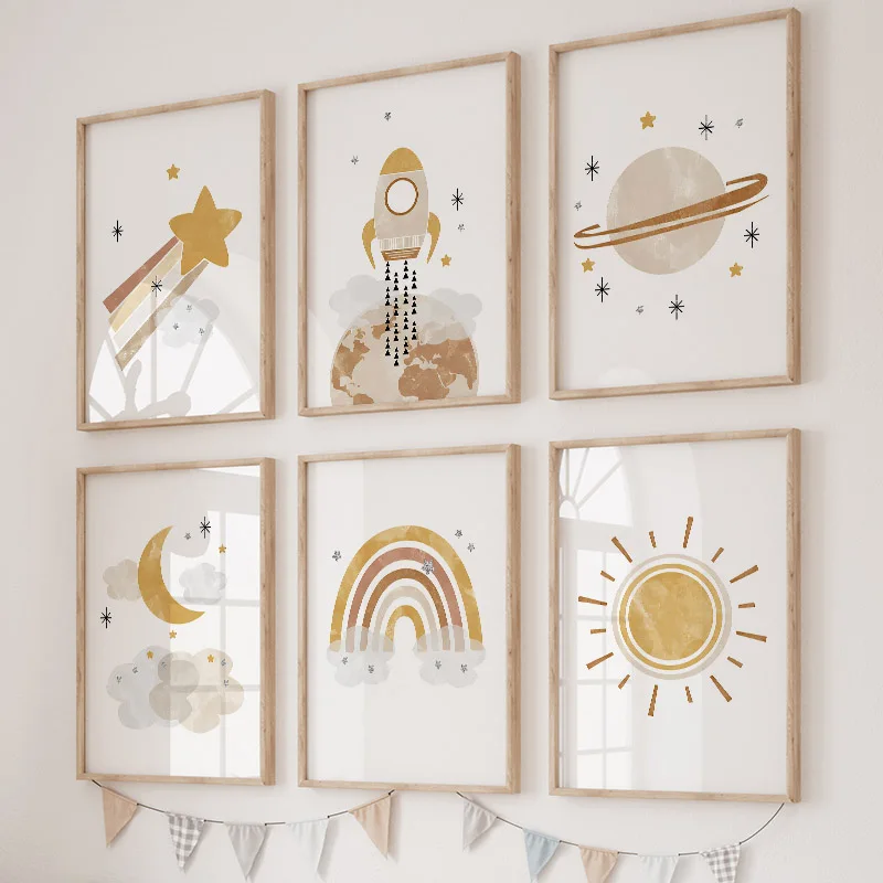 Cartoon Boho Rocket Sun Rainbow Stars Nursery Wall Art Canvas Painting Nordic Posters and Prints Pictures Baby Kids Room Decor - Image 5