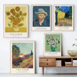 Vintage impressionist Van Gogh flower, portrait, and poster art, classic oil painting style canvas print, home living room decor