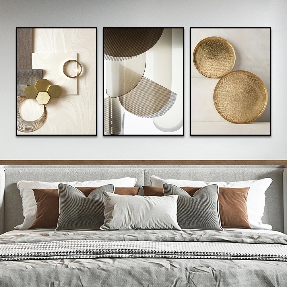3PCS Frameless Abstract Beige and Gold Geometric Poster Modern Wall Art Pictures Minimalist Canvas Painting for Living Room Home - Image 3