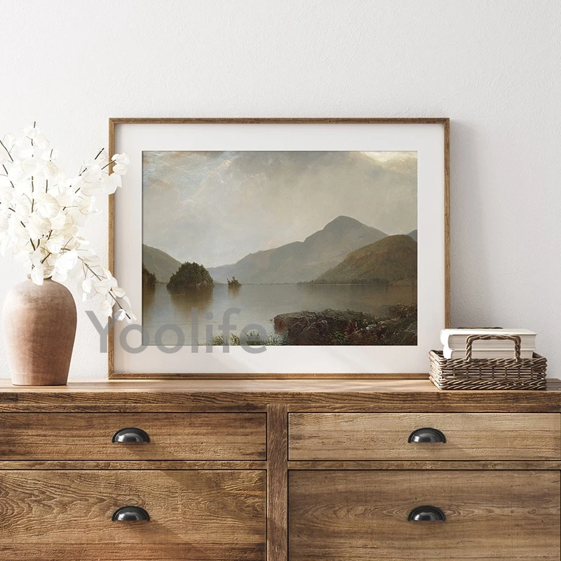 Mountain Forest Landscape Neutral Art Print Antique Lake Scenery Painting Canvas Poster Coastal Wall Pictures Rustic Decoration - Image 5